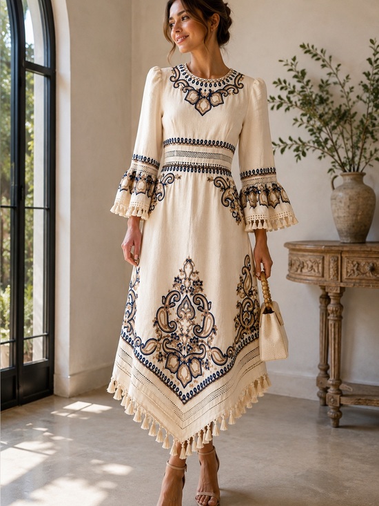 Zimmermann Dresses & Skirts - Zimmermann Cream Midi Dress with Navy Embroidered Detail Au size 2